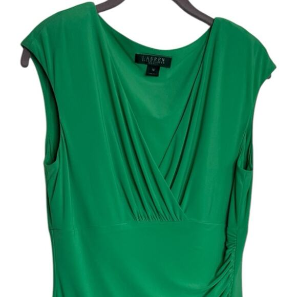Lauren Ralph Lauren Green Cap Sleeve Ruched V Neck Dress Size 10 - Picture 5 of 9